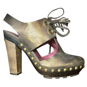Coach High Heels Size 7.5 Brown Leather Indie Grunge Studded Metallic Steam Punk